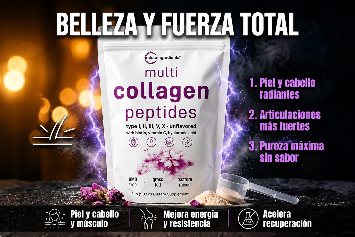 Multi Collagen Peptides: 5 tipos de colágeno + Biotina, Vitamina C y Ácido Hialurónico.