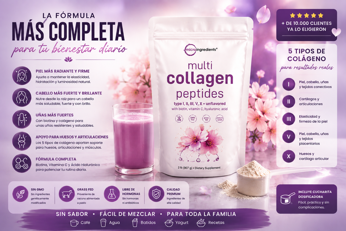 Multi Collagen Peptides: 5 tipos de colágeno + Biotina, Vitamina C y Ácido Hialurónico.