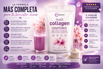 Multi Collagen Peptides: 5 tipos de colágeno + Biotina, Vitamina C y Ácido Hialurónico.