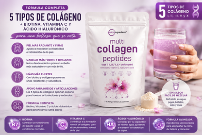 Multi Collagen Peptides: 5 tipos de colágeno + Biotina, Vitamina C y Ácido Hialurónico.