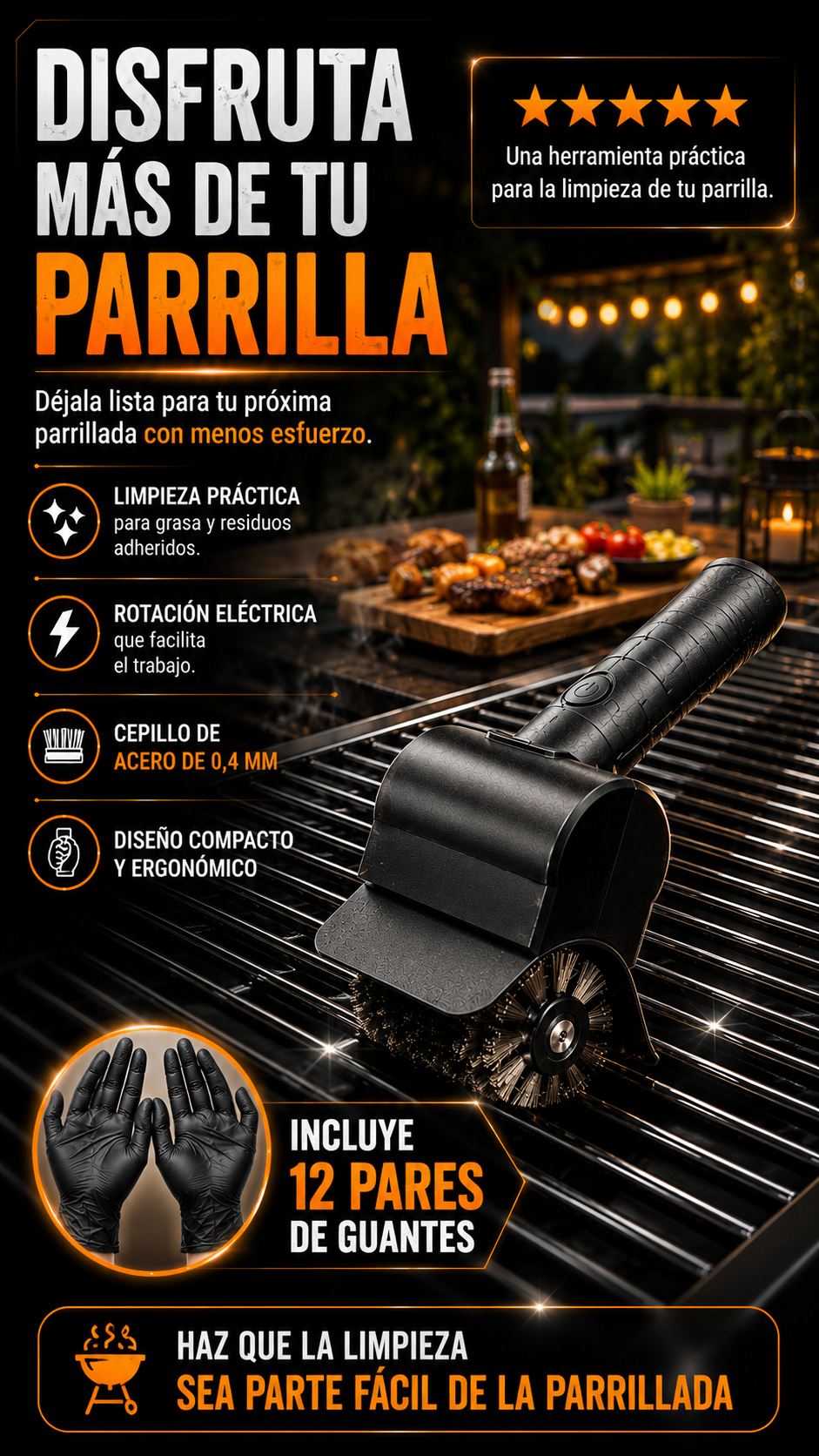 Cepillo Eléctrico para Limpiar Parrillas + 12 Pares de Guantes