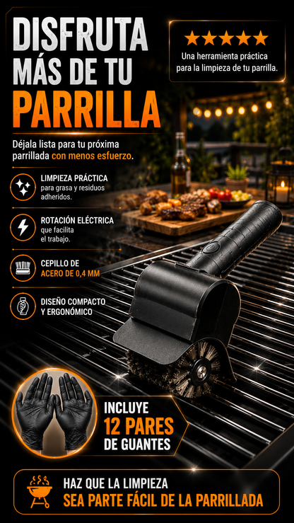 Cepillo Eléctrico para Limpiar Parrillas + 12 Pares de Guantes