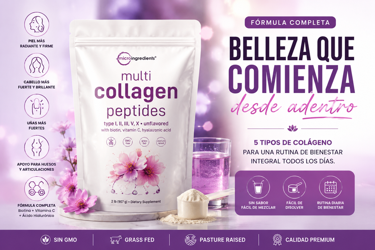 Multi Collagen Peptides: 5 tipos de colágeno + Biotina, Vitamina C y Ácido Hialurónico.