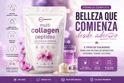 Multi Collagen Peptides: 5 tipos de colágeno + Biotina, Vitamina C y Ácido Hialurónico.
