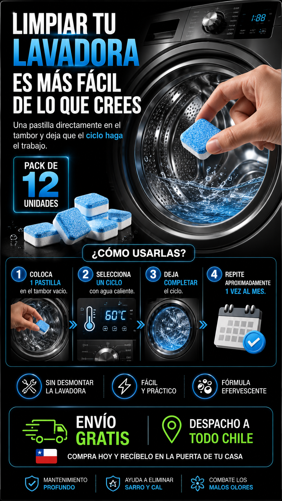 Pack de 12 Pastillas Limpia Lavadora