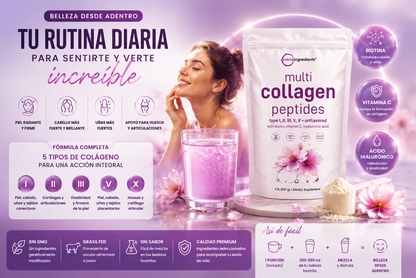 Multi Collagen Peptides: 5 tipos de colágeno + Biotina, Vitamina C y Ácido Hialurónico.