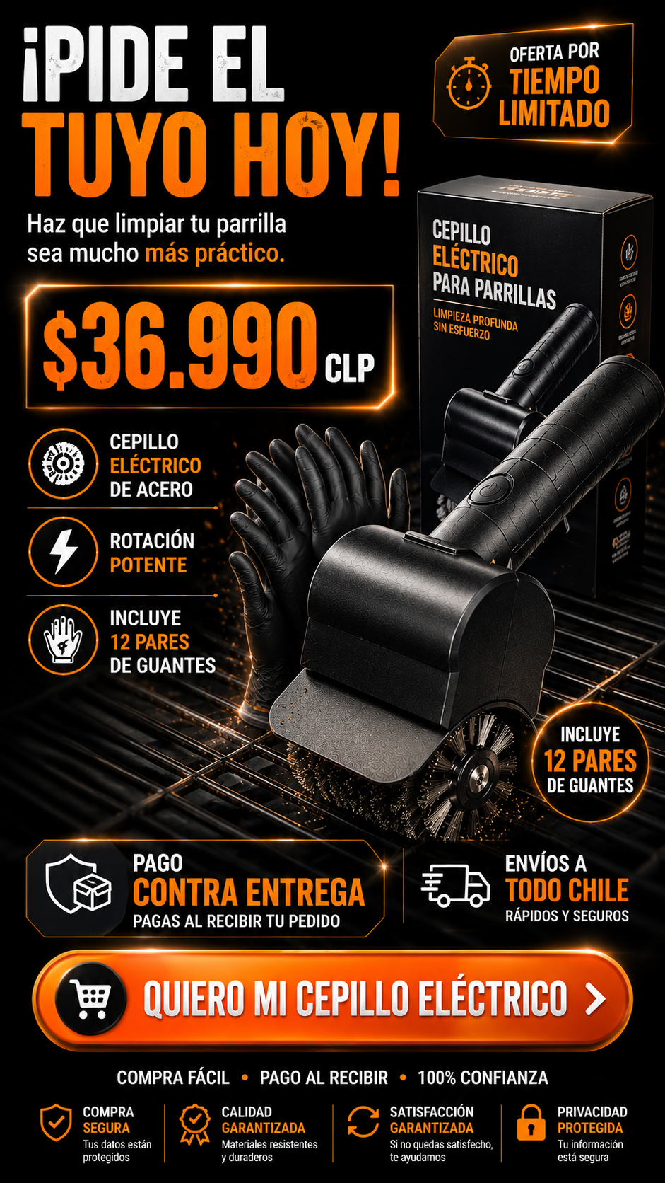 Cepillo Eléctrico para Limpiar Parrillas + 12 Pares de Guantes