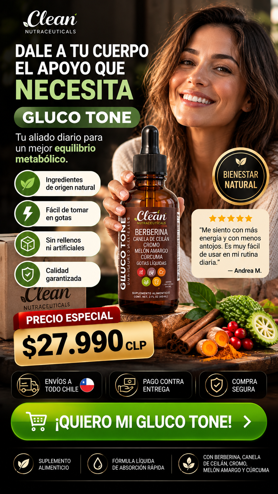 Gluco Tone™ – Gotas Líquidas con Berberina y Canela de Ceilán